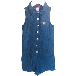 GUESS Jean Rhinestone Jewel Short Sleeveless Romper With Pockets Denim Blue 7Y
